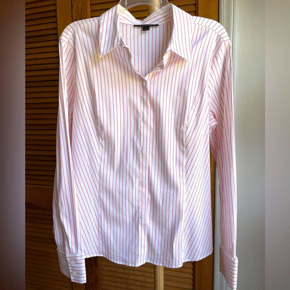 ANTONIO MELANI White Shirt with Pink and Orange Stripes Button Up Blouse Large